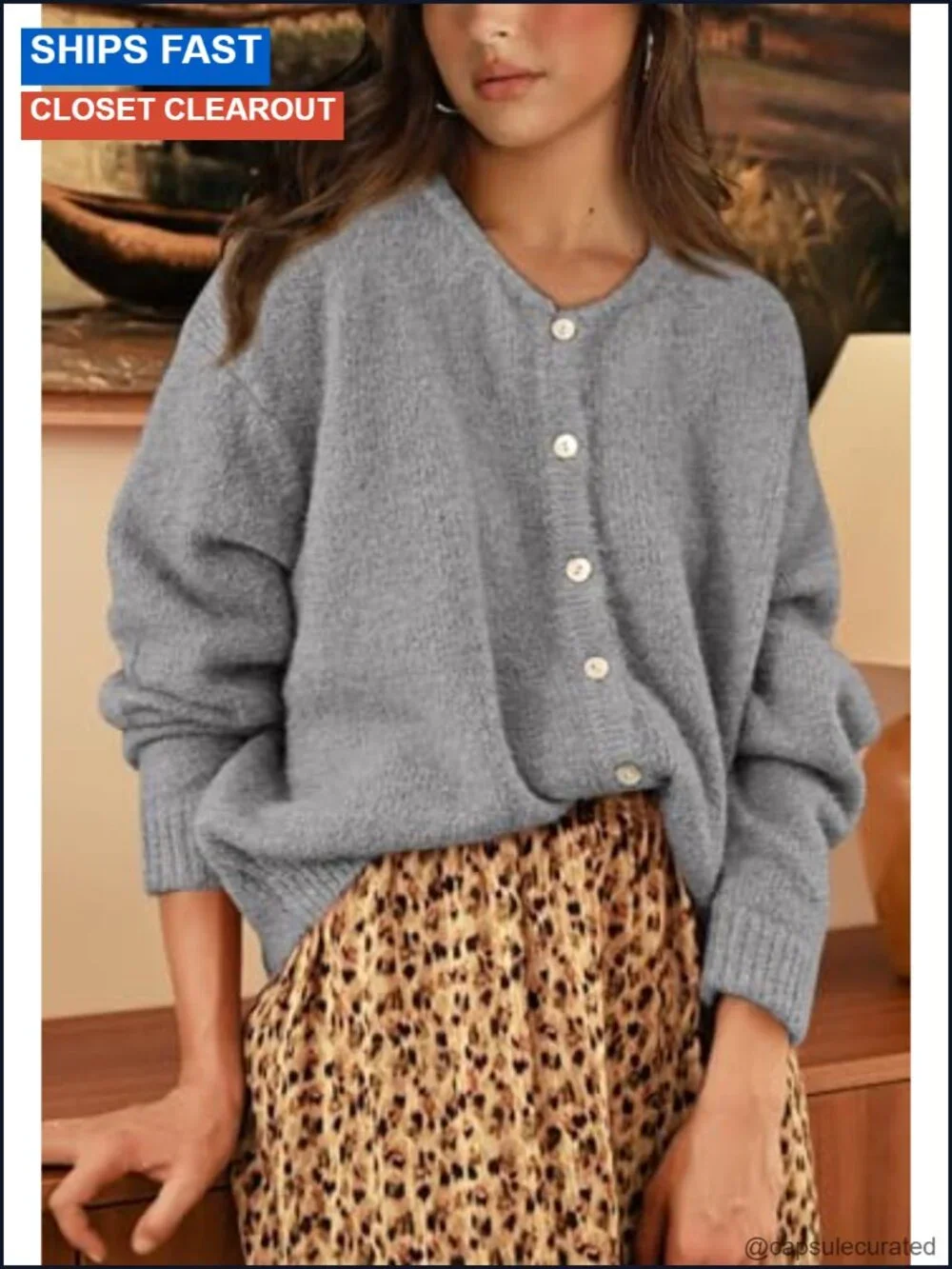 Womens Long Sleeve Crewneck Button Down Rib Knit Cardigan Sweater